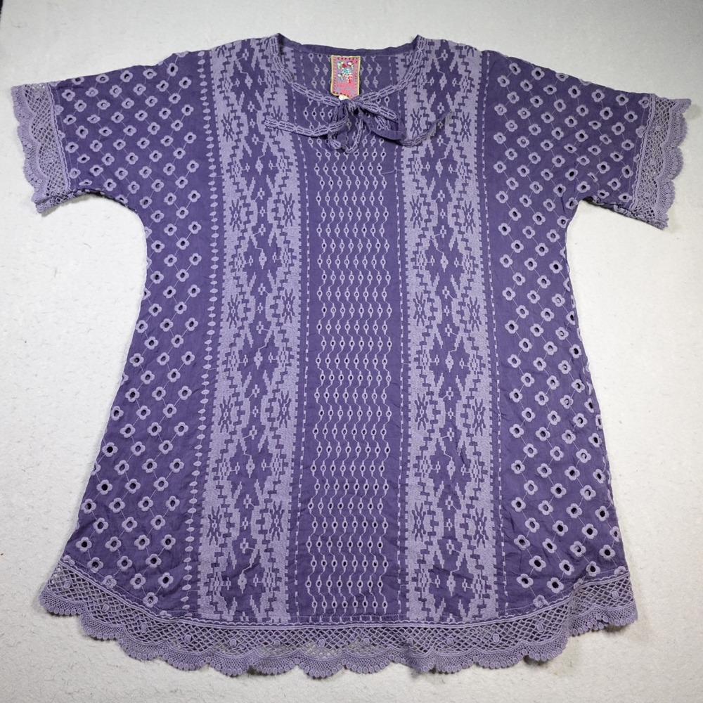 Johnny Was Eyelet Blouse Women Medium Purple Boho Crochet Lace Tie Neck Top
